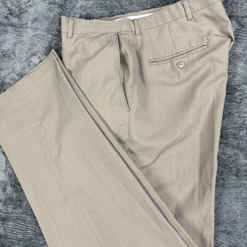 Haggar Dress Pants Men 34x34 Tan Glen Plaid‎ Straight Leg Trousers 630168